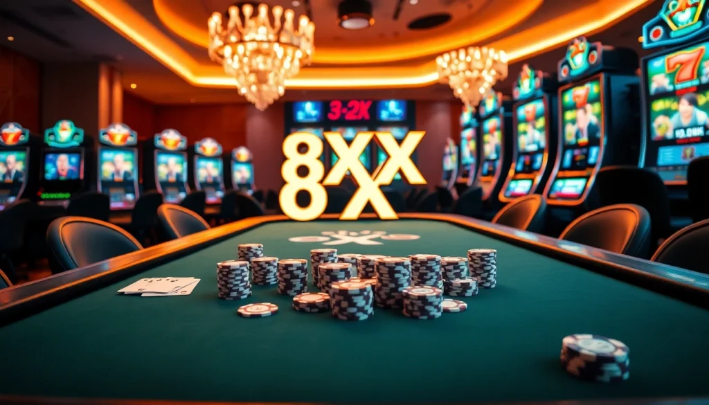 Experience high-stakes excitement at the 8XX casino, featuring vibrant slot machines and lively poker games.