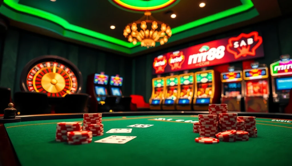 Gamble big at rr88 com with vibrant casino tables, cards, and roulette wheel.