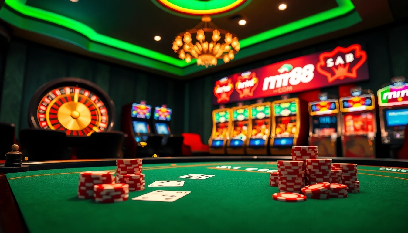 Gamble big at rr88 com with vibrant casino tables, cards, and roulette wheel.