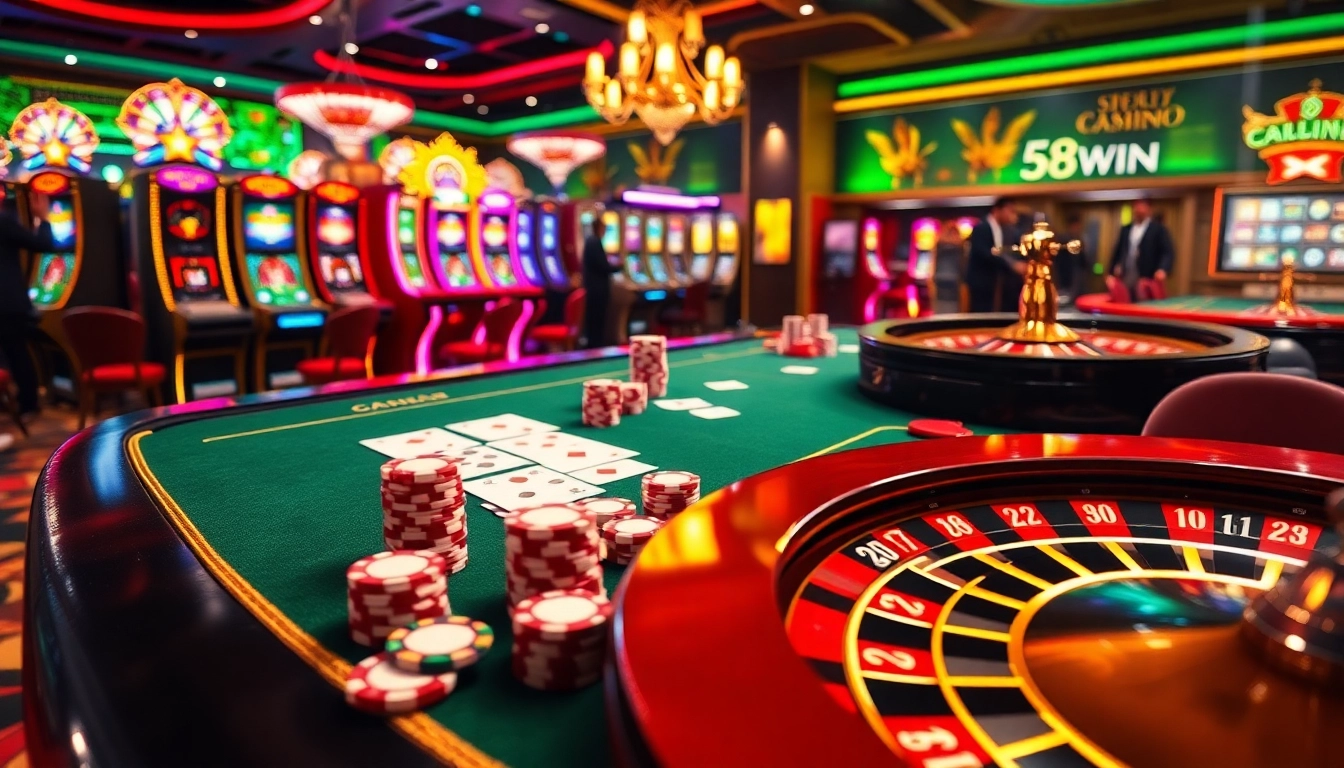 A dynamic casino scene illustrating 58WIN's vibrant gaming experience with poker chips and slot machines.