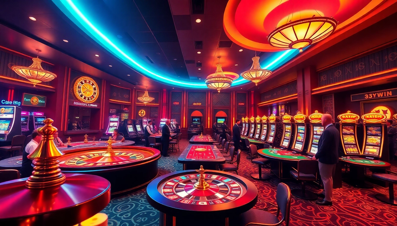 Players enjoying high-stakes games at 33win's luxurious online casino with vibrant lighting.
