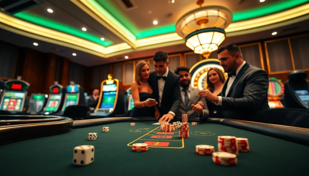 Players engaging at the PG66 online casino table, surrounded by slot machines and a roulette wheel.