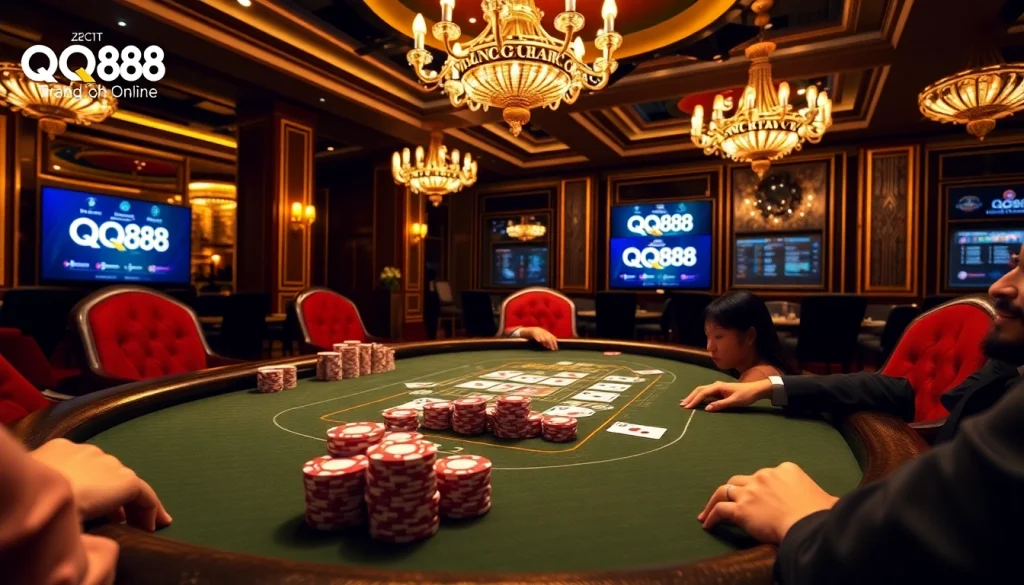 Players enjoying a thrilling game at the Trang Chủ QQ88 poker table with vibrant chips and cards.