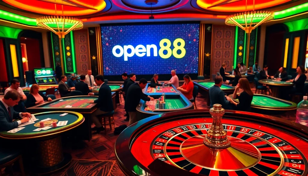 Engaging players immerse in an exciting open88 casino atmosphere with poker chips and a roulette wheel.