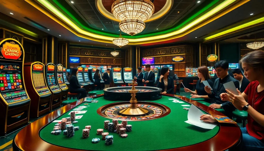 Experience thrilling online gambling at https://13win-asia.com/ with vibrant casino visuals of slot machines and poker.