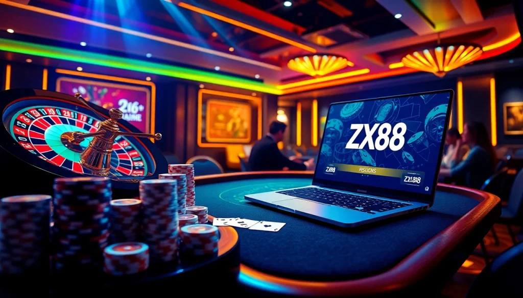 Experience the excitement of gambling with ZX88 at a vibrant online casino setup.
