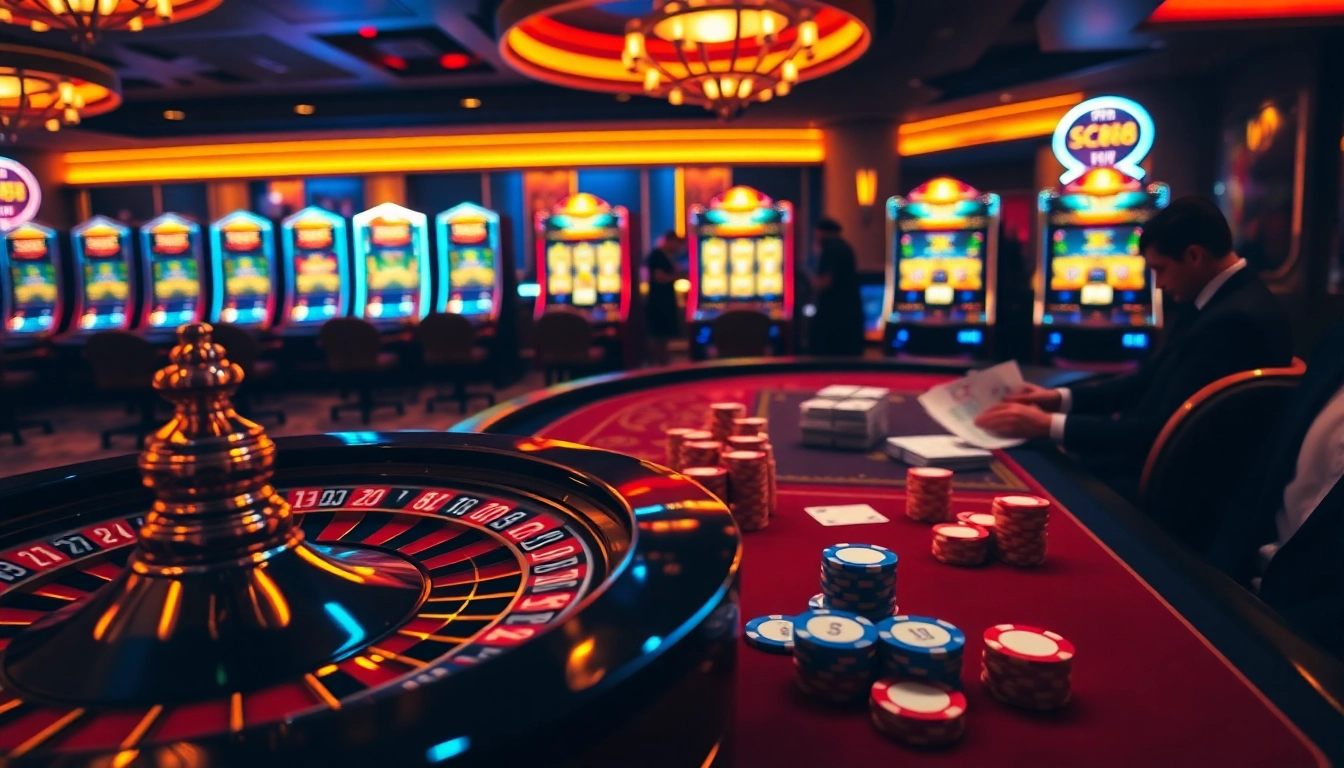 Experience the thrill at the SC88 casino, featuring a vibrant atmosphere with poker and roulette games.