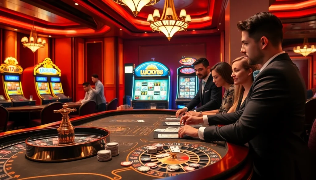 Experience thrilling gameplay at the LUCKY88 slot machine surrounded by poker chips and casino elegance.