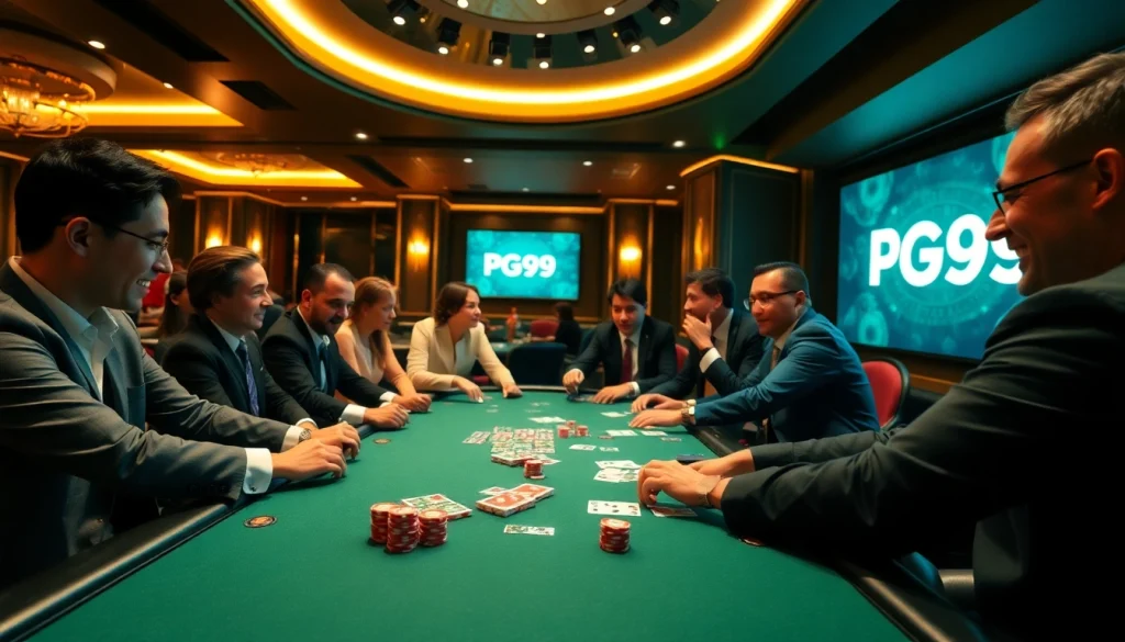 PG99 players enjoying an exciting poker game with vibrant chips and elegant cards.