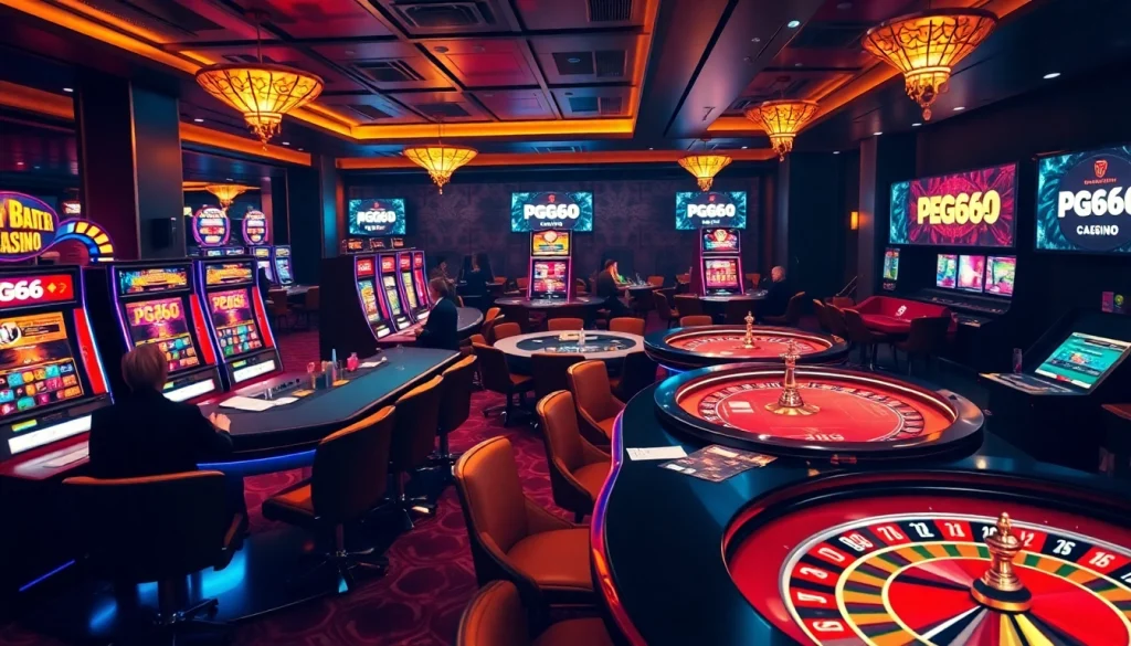 Players enjoying a luxurious online casino experience at PG66 with vibrant slot machines and poker tables.