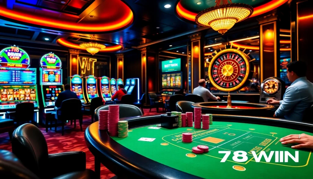 Experience thrilling gaming action at 78WIN with vibrant casino tables and elegant ambiance.
