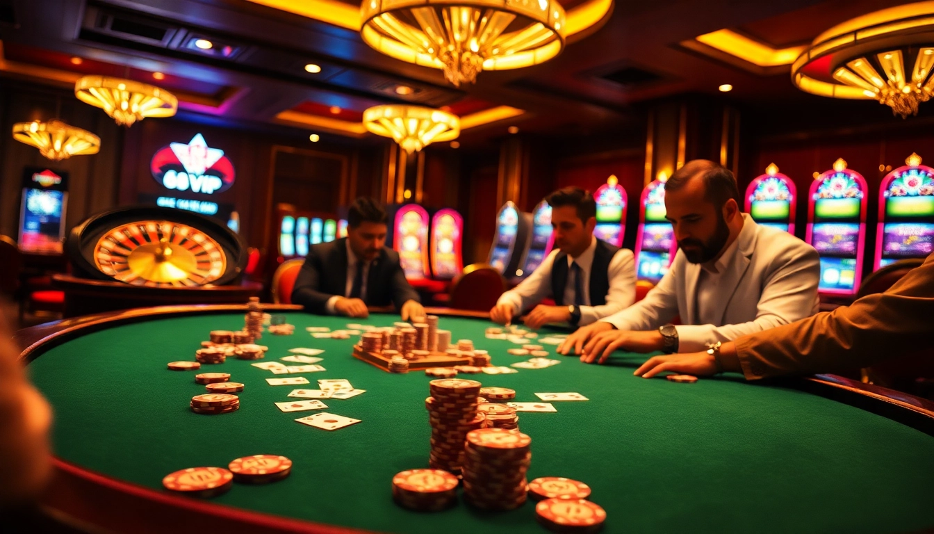 Experience intense gaming at 68VIP with a luxurious poker table scene, vibrant chips, and lively roulette background.