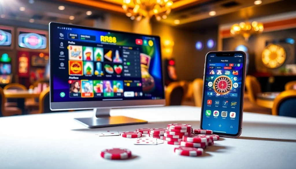 Experience the excitement of RR88 with a modern casino interface showcasing vibrant slot games and poker action.