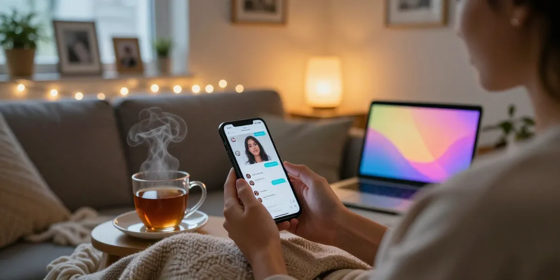 Person enjoying a virtual chat with their ai girlfriend, cozy home atmosphere with warm lighting.