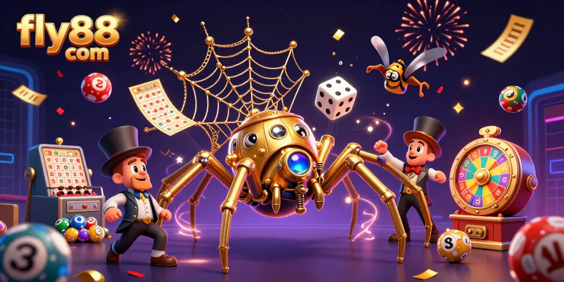 Experience excitement with fly88 com as a golden spider captures dice in a dynamic casino scene.
