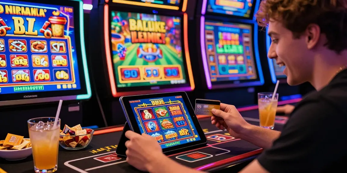 Exciting scene at credit card casinos UK with player enjoying bonus buy slots on a tablet and colorful game graphics.