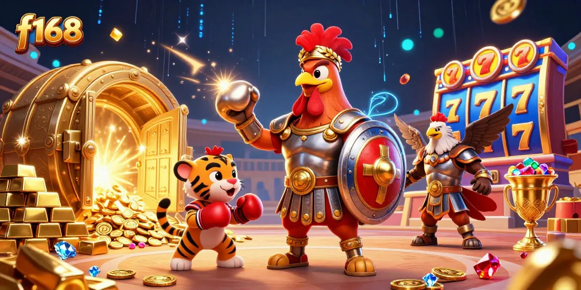 Experience thrilling action at f168 with a dynamic scene featuring a rooster gladiator and riches exploding from a vault.
