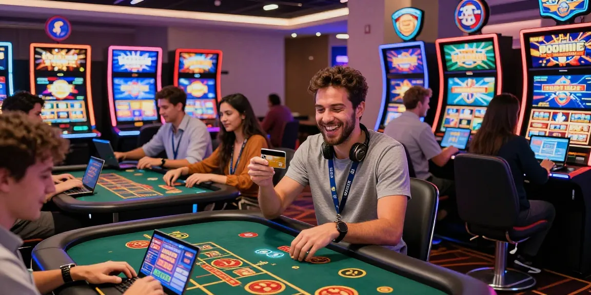 Exciting credit card casino scene showcasing diverse players enjoying online gaming with vibrant lights and engaging gameplay.