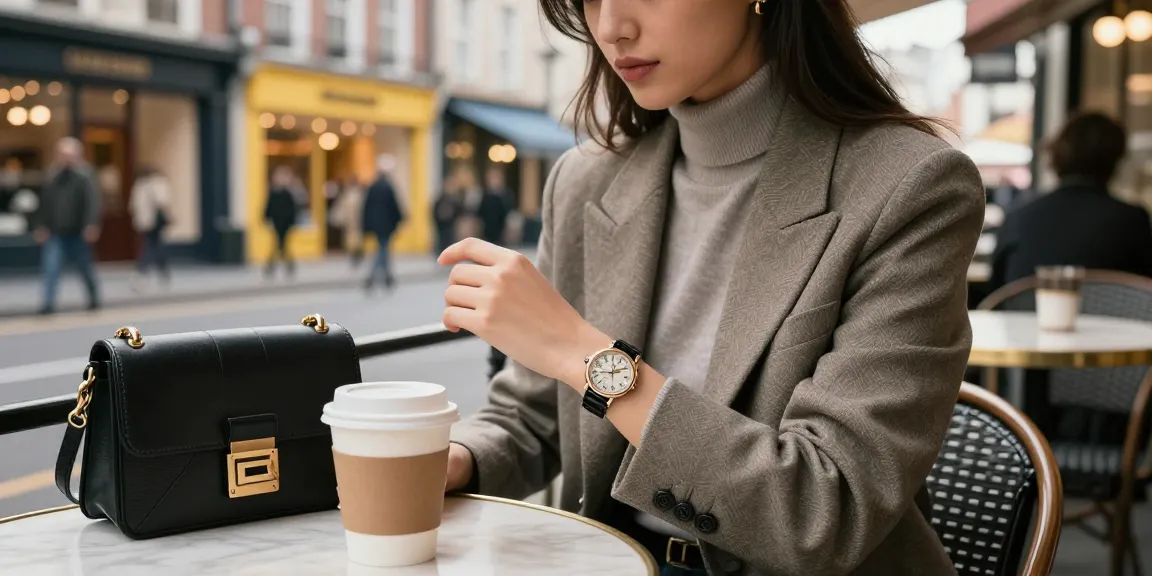 Stylish individual showcasing a replica watch at a café in an urban setting.