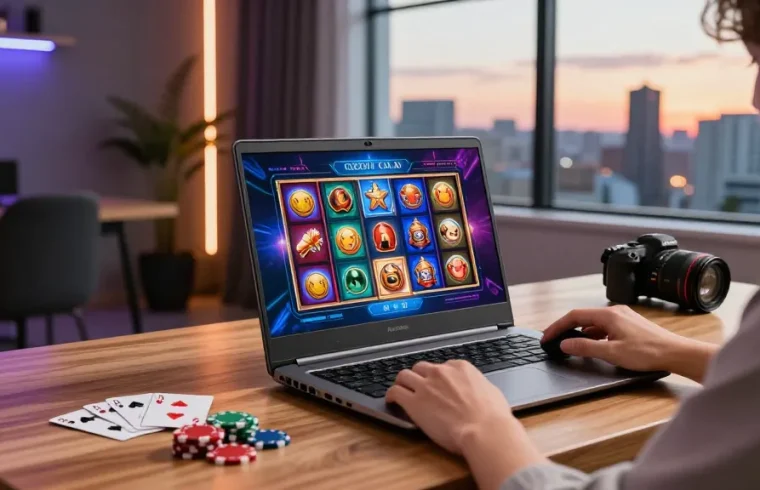 Person engaging with casinos that accept credit cards on a gaming laptop, vibrant ambiance and gaming elements.