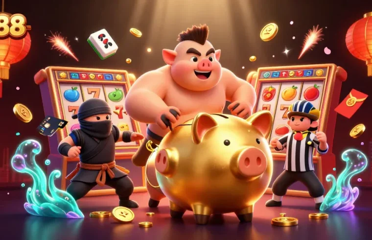 Experience thrilling wins at go88 with an exciting 3D illustration of a golden piggy bank sumo wrestler and dynamic casino elements.