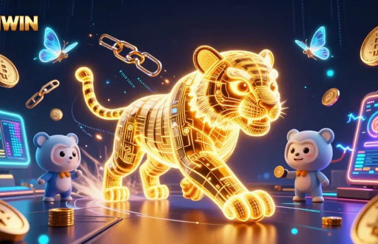 SUNWIN offers a dynamic casino experience featuring a light energy tiger in a digital landscape with cryptocurrency elements.