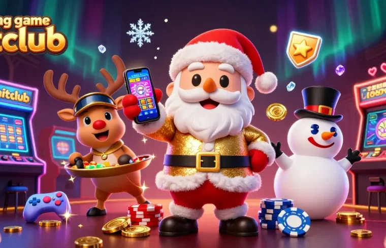 Experience excitement at cổng game hitclub with Santa and friends amidst vibrant casino visuals.