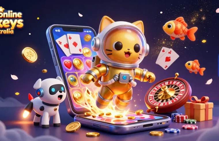 Engage with new online pokies Australia featuring a vibrant 3D scene of a space cat and robot dog amidst dynamic gaming elements.
